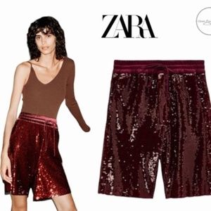 NEW Zara Limited Edition Burgundy Sequinned Shorts